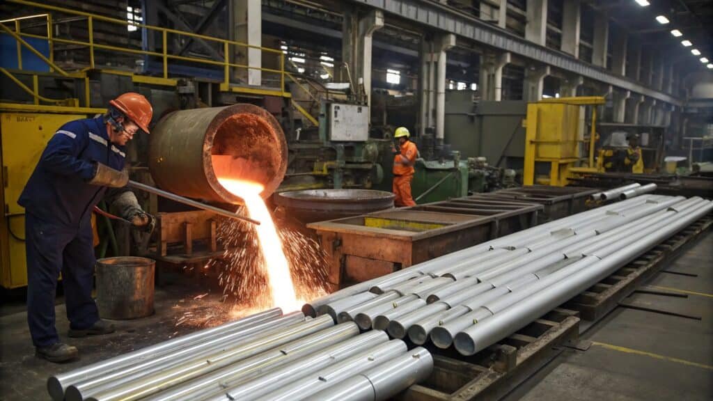 An animation showing a hot aluminum billet being pushed through an extrusion die to form a long aluminum tube.